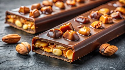 Sticker - Close up of a mouth-watering chocolate bar with nuts and caramel , decadent, sweet, dessert, indulgent, temptation