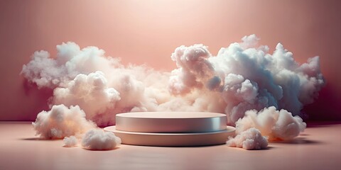 Wall Mural - Dreamy cloud background with blue product display podium floating in the sky, dreamy, cloud, background, blue, product, display