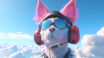 A cat in headphones and sunglasses floating in the sky