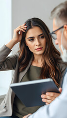 Sad young european lady hold her head with hand at consultation with male doctor psychologist with tablet isolated with white highlights, png