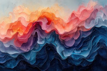 Poster - Abstract Painting of Wavy Layers in Blue, Red, and Orange Hues