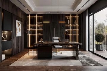 Wall Mural - luxurious home office with a marble desk, dark wood flooring, and ambient lighting, designed for sty