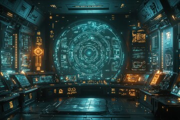 Leinwandbilder - Futuristic Spaceship Interior with Circular Display and Control Panels