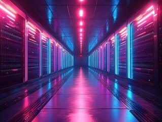 Fototapete - Neon-Lit Server Room Corridor with Pink and Blue Lights