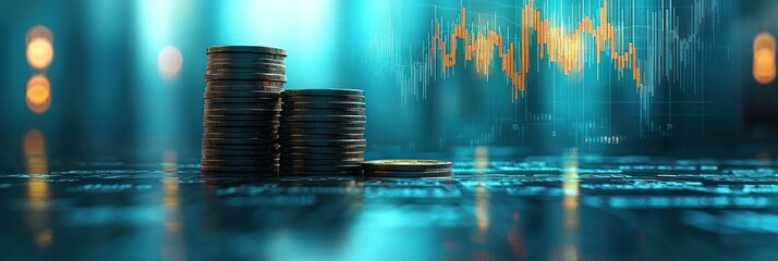 Aufkleber - Stacks of Coins and a Stock Chart in a Dark Blue Background