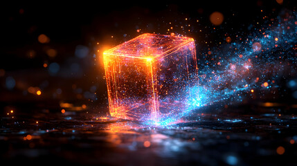 Wall Mural - glowing cube with colorful particles, isolated on black background.