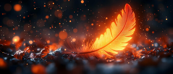 Wall Mural - A glowing orange feather among sparkling particles, creating a surreal and enchanting atmosphere.