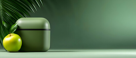 Stylish green food storage box next to a fresh apple, with serene palm leaves in a calming green background.