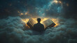 © Earny - A person reading a glowing book amidst clouds and stars, evoking a sense of wonder and exploration of knowledge.