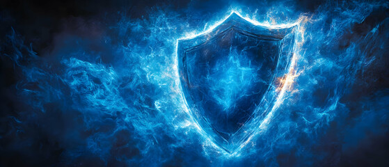 Wall Mural - a glowing blue shield design surrounded by ethereal lights on a dark background.