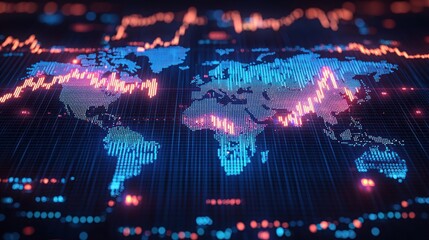 Aufkleber - Digital World Map with Glowing Lines and Dots Representing Data