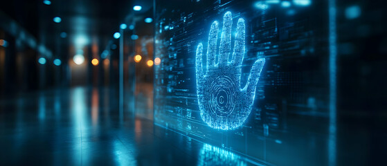 Wall Mural - futuristic hand hologram displayed in a digital environment with soft lighting and reflective surfac