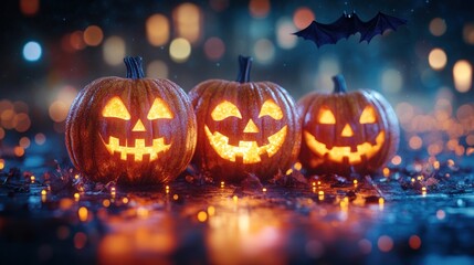 Three glowing jack-o-lanterns with spooky grins on a dark background with twinkling lights and a bat flying overhead.