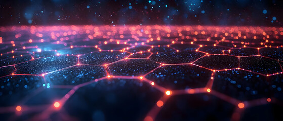 Wall Mural - futuristic hexagonal grid with glowing lights, showcasing an abstract digital landscape in vibrant c