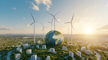 Planet earth with Modern ecological city with wind turbines, alternative energy and ecology.