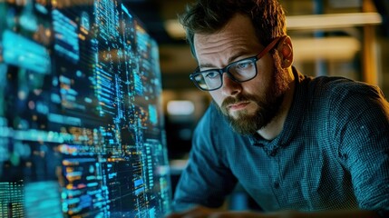 Man in Glasses Focused on Blue Screen with Code