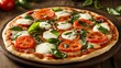 © sarun - Close-up of a margherita pizza, showcasing the simplicity of fresh tomatoes, mozzarella, and basil on a thin crust, placed on a rustic plate.