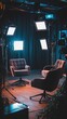 © Sasa Visual - A broadcast studio mockup showcases a cozy interview set designed for filming with bright lights