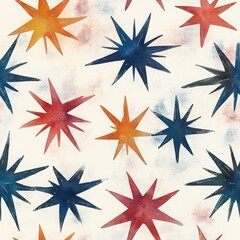 A vibrant pattern featuring colorful stars in shades of red, blue, and orange, set against a light background, creating a playful and dynamic visual effect.