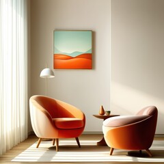 Modern interior, minimalist living room, orange and red retro egg chairs, white brick wall, abstract landscape painting, teal and orange artwork, floor lamp, side table, large window, natural light, m