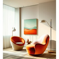 Modern interior, minimalist living room, orange and red retro egg chairs, white brick wall, abstract landscape painting, teal and orange artwork, floor lamp, side table, large window, natural light, m