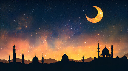 Crescent moon and mosque silhouettes on traditional Ramadan Kareem background with text area, wall decoration Eid al-adha banner with copy space Eid Mubarak Eid al Fitr and Eid al Adha Happy eid