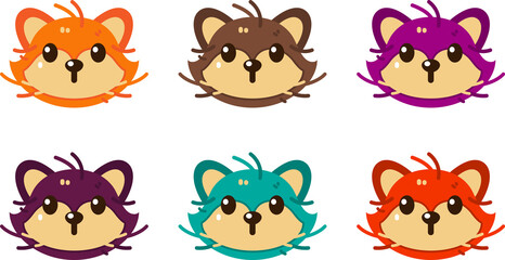 Wall Mural - flat art vector of a cute cartoon fox face in multiple colorways. isolated and easy to use, perfect 