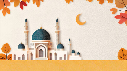 Islamic greeting card with intricate arabesque pattern and mosque silhouette greeting card, holy month of Muslim Ramadan, invitation, modern minimal design concept ornament wallpaper Mubarak Eid al