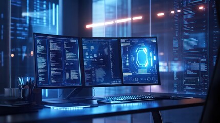 Modern Workstation with Triple Monitors Displaying Data and Code