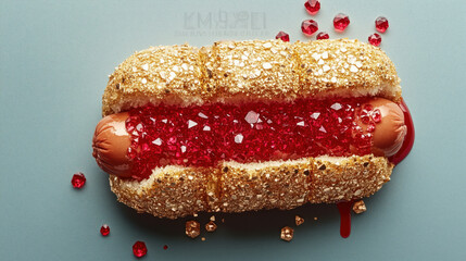 Editorial close up of luxury vibrant metallic golden diamond hotdog artwork sculpture with ketchup, sparkle shiny colorful gemstones. creative jewelry photography, Trendy foodporn