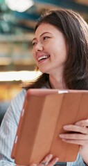 Poster - Student, research and tablet with asian woman in cafeteria for studying, online portal and college thesis. University, elearning and education with person on campus for knowledge, future and youth
