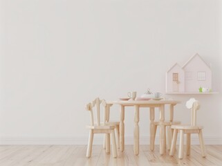 Minimalist children's playroom interior with white walls, wooden furniture, and pastel pink accents. There is a wooden table and chairs set up for tea party play, and shelves with toys and decorations