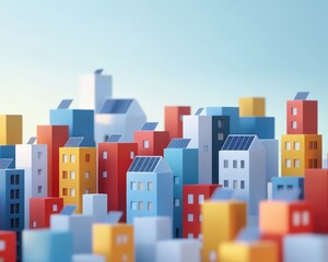 Wall Mural - Cityscape featuring buildings with integrated solar panels, isolated for renewable energy promotion