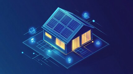 87.A clean, flat vector illustration of a compact smart home with modern features like solar panels on the roof and small connected devices indicated by glowing blue icons. The design is bold and