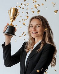 Triumphant Businesswoman Celebrates Victory with Golden Trophy and Confetti Flakes