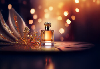 A glass bottle of perfume with a gold top sits on a reflective surface in front of a soft focus background.