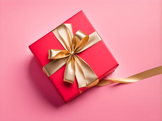 A red gift box with a gold ribbon on a pink background without shadow. The concept of holiday photography. Surprise for Valentine's Day, birthday, wedding. Copy space and front view.