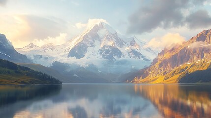  Snow-capped mountain reflected in a still lake with a cloudy sky