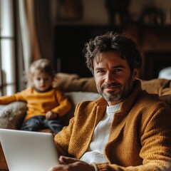 Professional photo of a man sitting on the sofa of his home with in front of a laptop while working from home