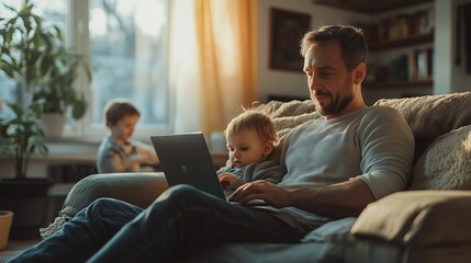 Professional photo of a man sitting on the sofa of his home with in front of a laptop while working from home