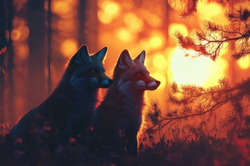 Wall Mural - Two Foxes Silhouetted Against a Vibrant Sunset in a Forest