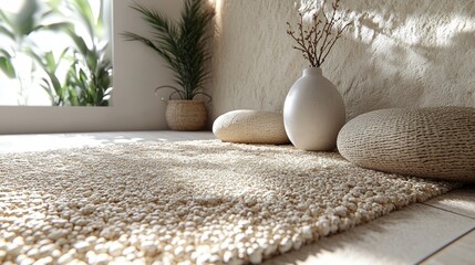 A minimalistic interior with a white rug, two cushions, a vase with twigs, and a plant in a wicker basket.