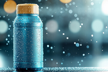 Wall Mural - A water bottle covered in droplets rests on a workout bench, showcasing refreshment after an intense gym workout