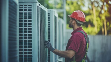 Wall Mural - Heating and cooling system installation by an expert technician, emphasizing dust-free air ducts for commercial use.