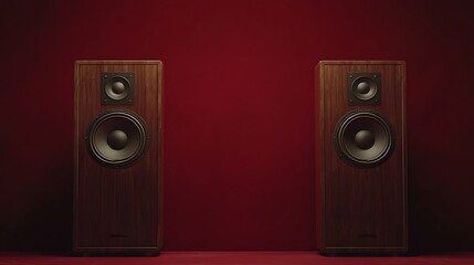 Vintage wooden speakers stand out against a rich red backdrop, creating a vibrant and classic audio aesthetic.