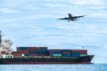  Aerial view of the freight shipping transport system cargo ship container. international transportation Export-import business, logistics, transportation industry concepts