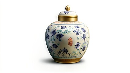 Wall Mural - A white porcelain jar with blue and red floral designs and a gold lid and base.