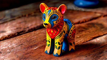 Wall Mural - Colorful ceramic dog figurine with intricate floral patterns on a wooden background.