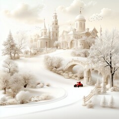 snowy landscape, garden, Old European illustration style with a dreamy and fantasy theme