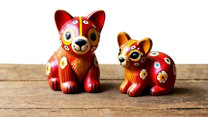 Wall Mural - Two hand-painted ceramic animal figurines, a larger one and a smaller one, both with red bodies and white and yellow floral patterns, sitting on a wooden surface against a white background.